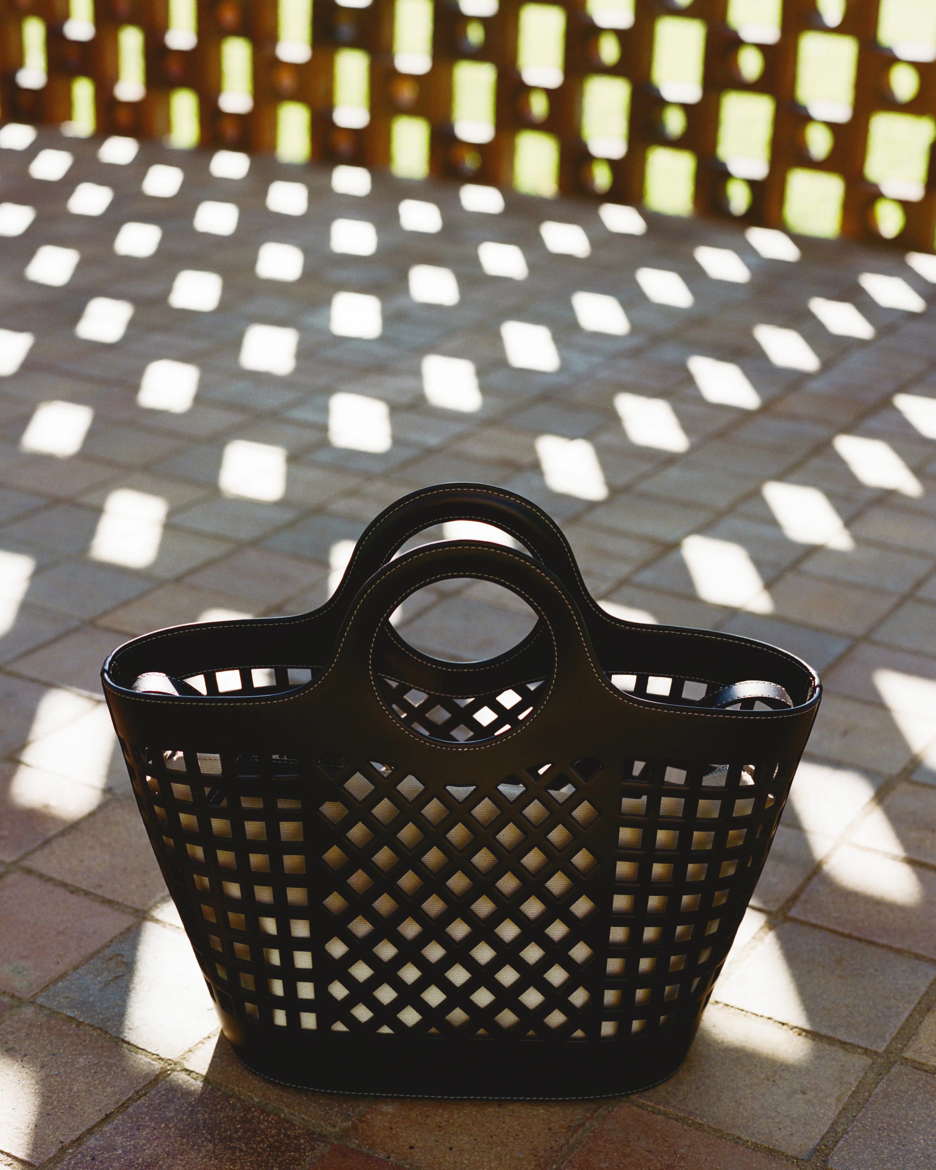 Black Hollow Grid Leather Tote Bag