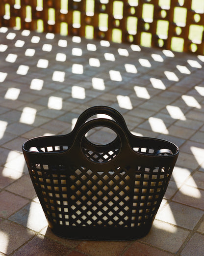 Black Hollow Grid Leather Tote Bag