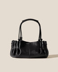 Black Ruched Braided Handle Leather Clutch Bag