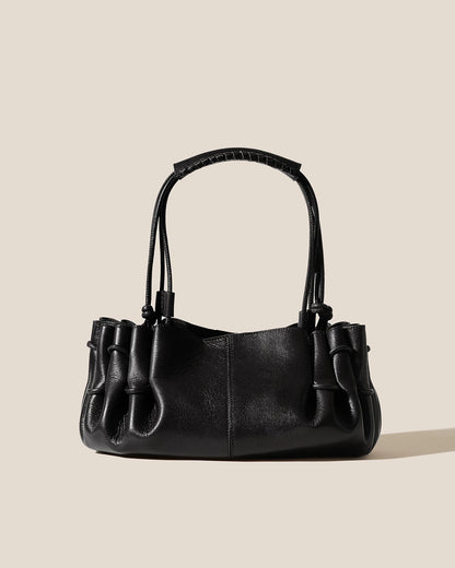 Black Ruched Braided Handle Leather Clutch Bag