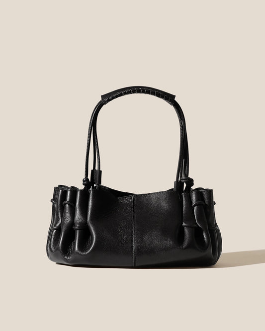 Black Ruched Braided Handle Leather Clutch Bag