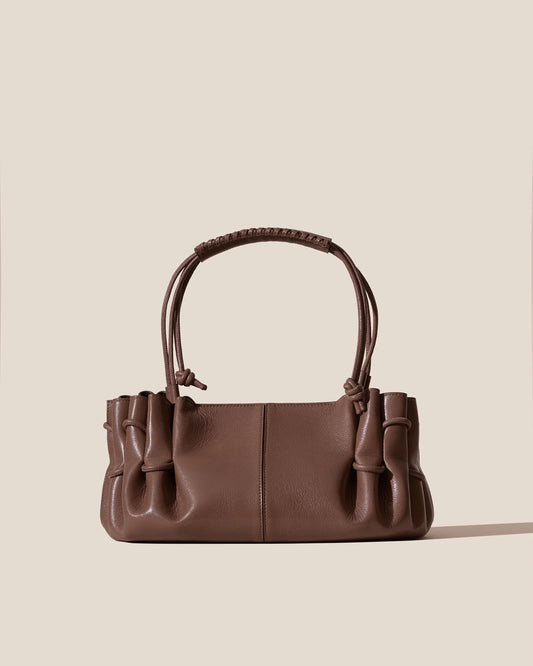 Warm Taupe Ruched Leather Shoulder Bag