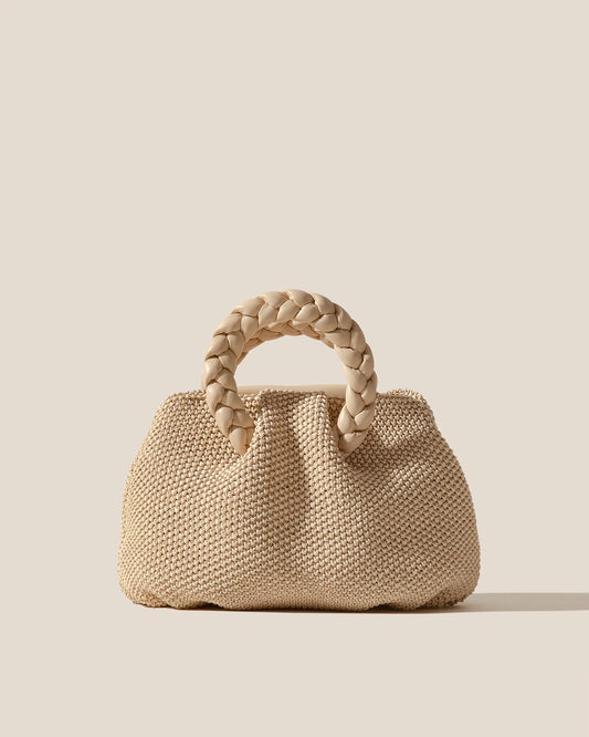 Natural Woven Braided Handle Ruched Mini Handbag