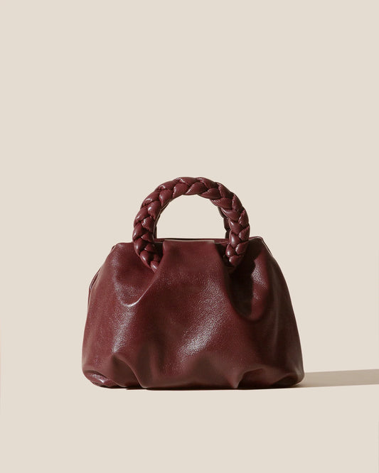 Burgundy Pleated Braided Handle Leather Mini Handbag
