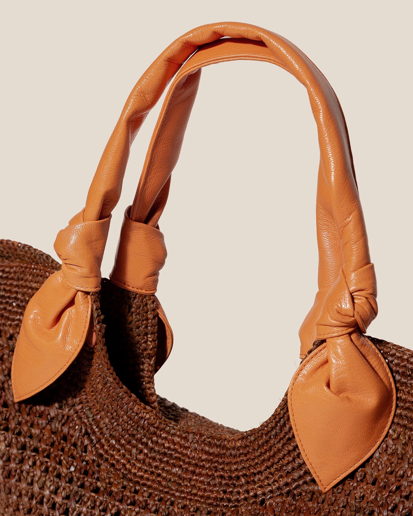 Tan Hand Woven Straw Knot Detail Tote Bag