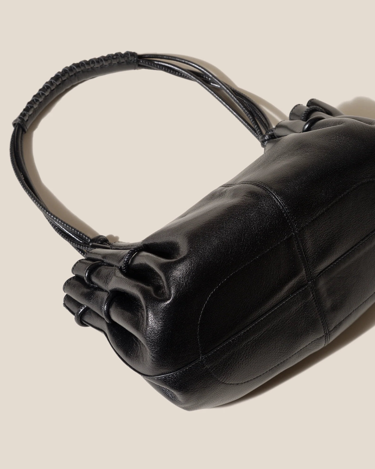 Black Ruched Braided Handle Leather Clutch Bag