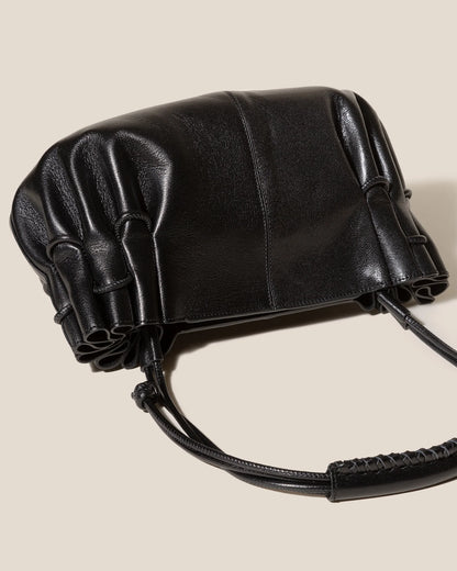 Black Ruched Braided Handle Leather Clutch Bag