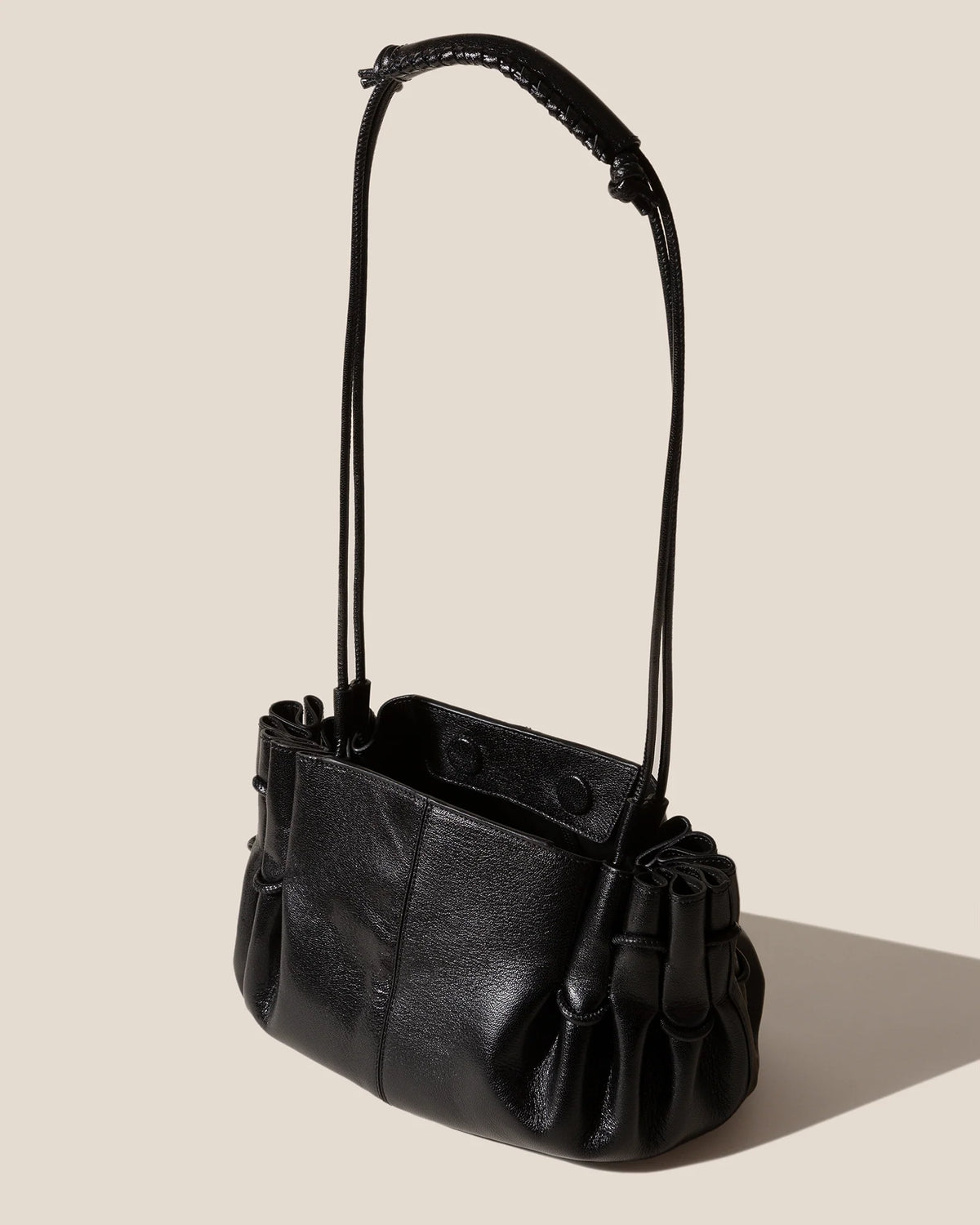 Black Ruched Braided Handle Leather Clutch Bag