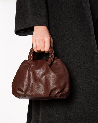 Burgundy Pleated Braided Handle Leather Mini Handbag