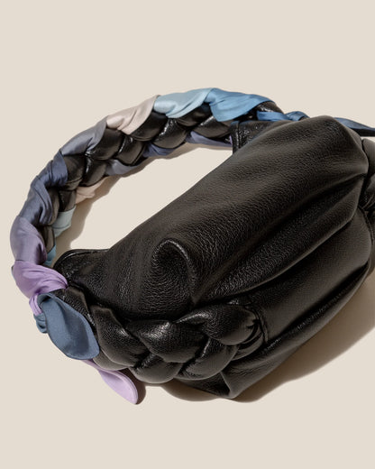 Black Silk Braided Handle Leather Hobo Bag