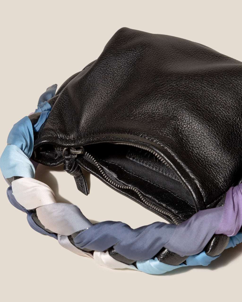 Black Silk Braided Handle Leather Hobo Bag