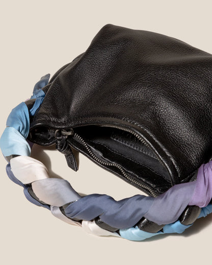 Black Silk Braided Handle Leather Hobo Bag