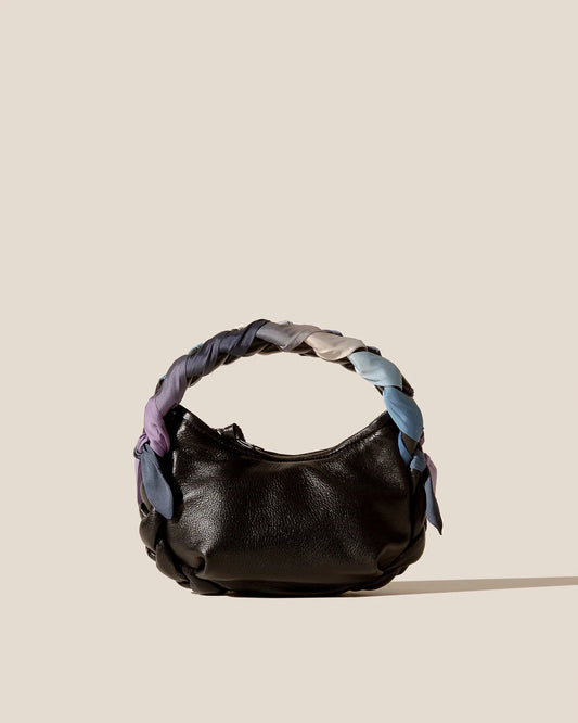 Black Silk Braided Handle Leather Hobo Bag