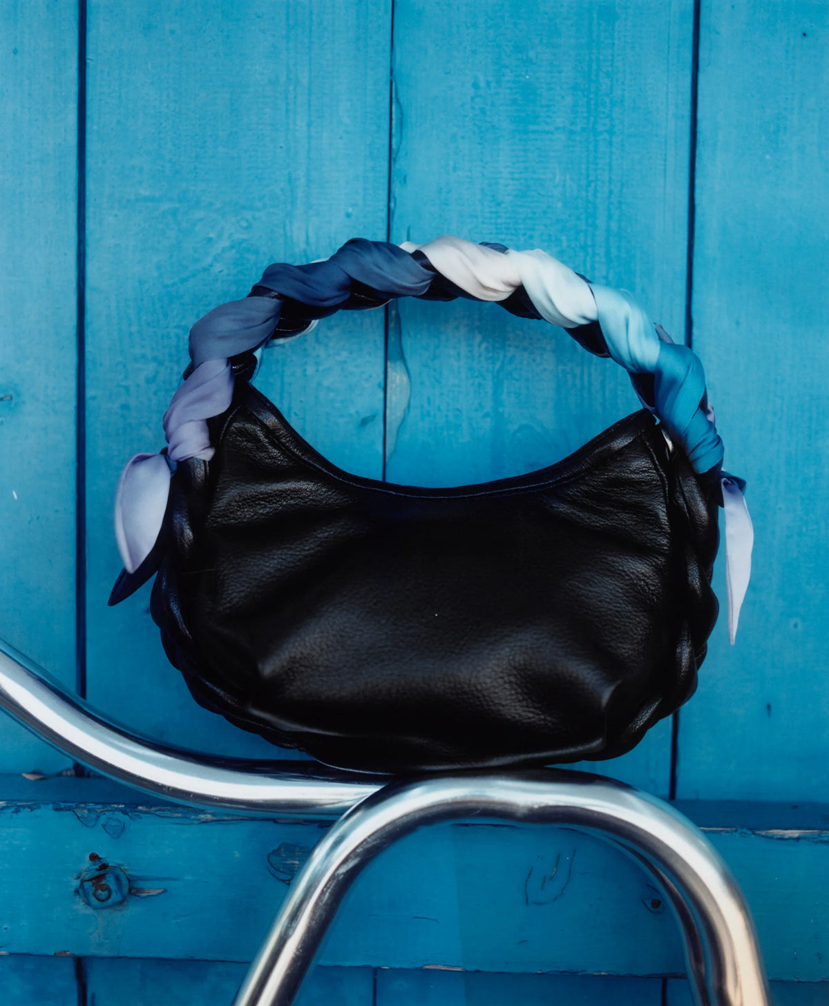 Black Silk Braided Handle Leather Hobo Bag