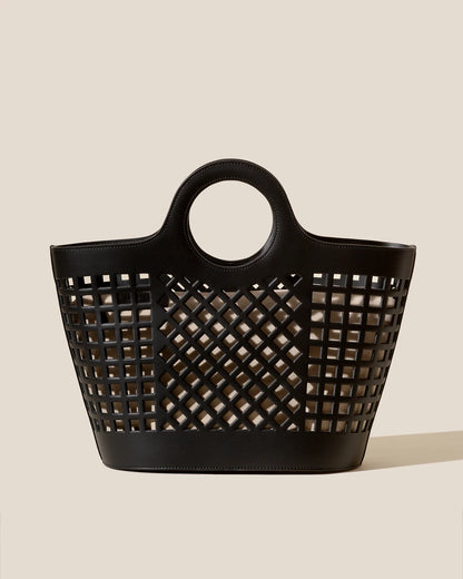 Black Hollow Grid Leather Tote Bag