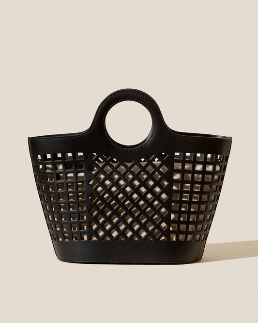 Black Hollow Grid Leather Tote Bag