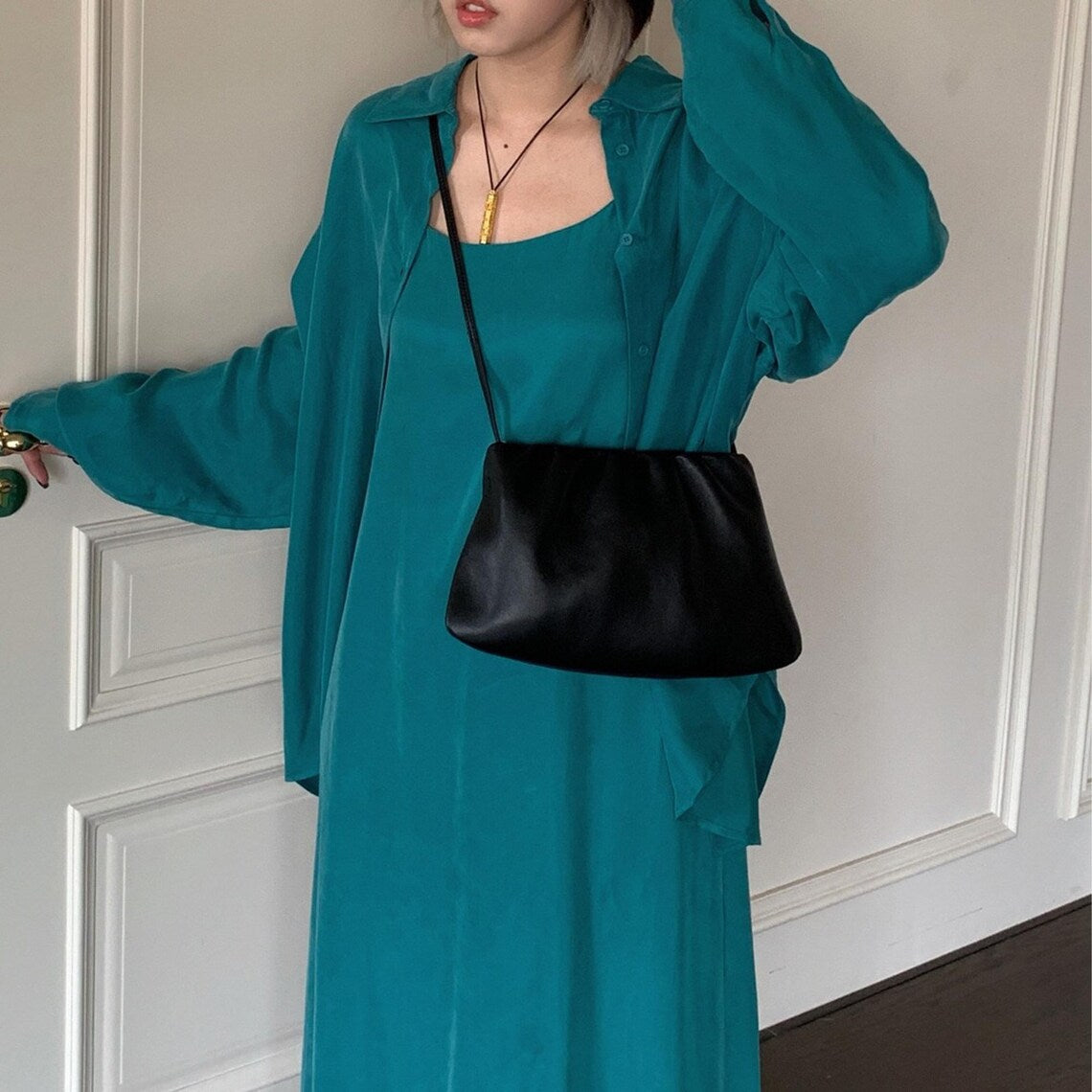 Black Sheepskin Ruched Underarm Shoulder Bag