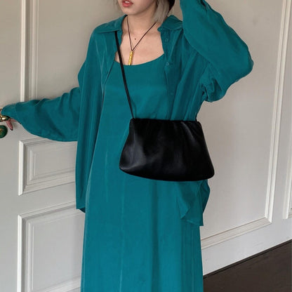 Black Sheepskin Ruched Underarm Shoulder Bag