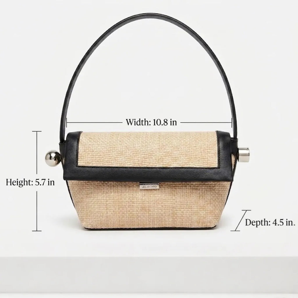 Straw Blend Black Leather Trim Flap Underarm Bag