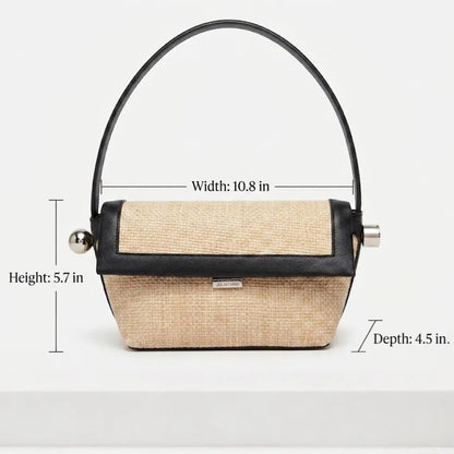 Straw Blend Black Leather Trim Flap Underarm Bag