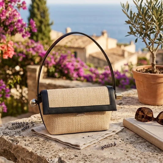 Straw Blend Black Leather Trim Flap Underarm Bag
