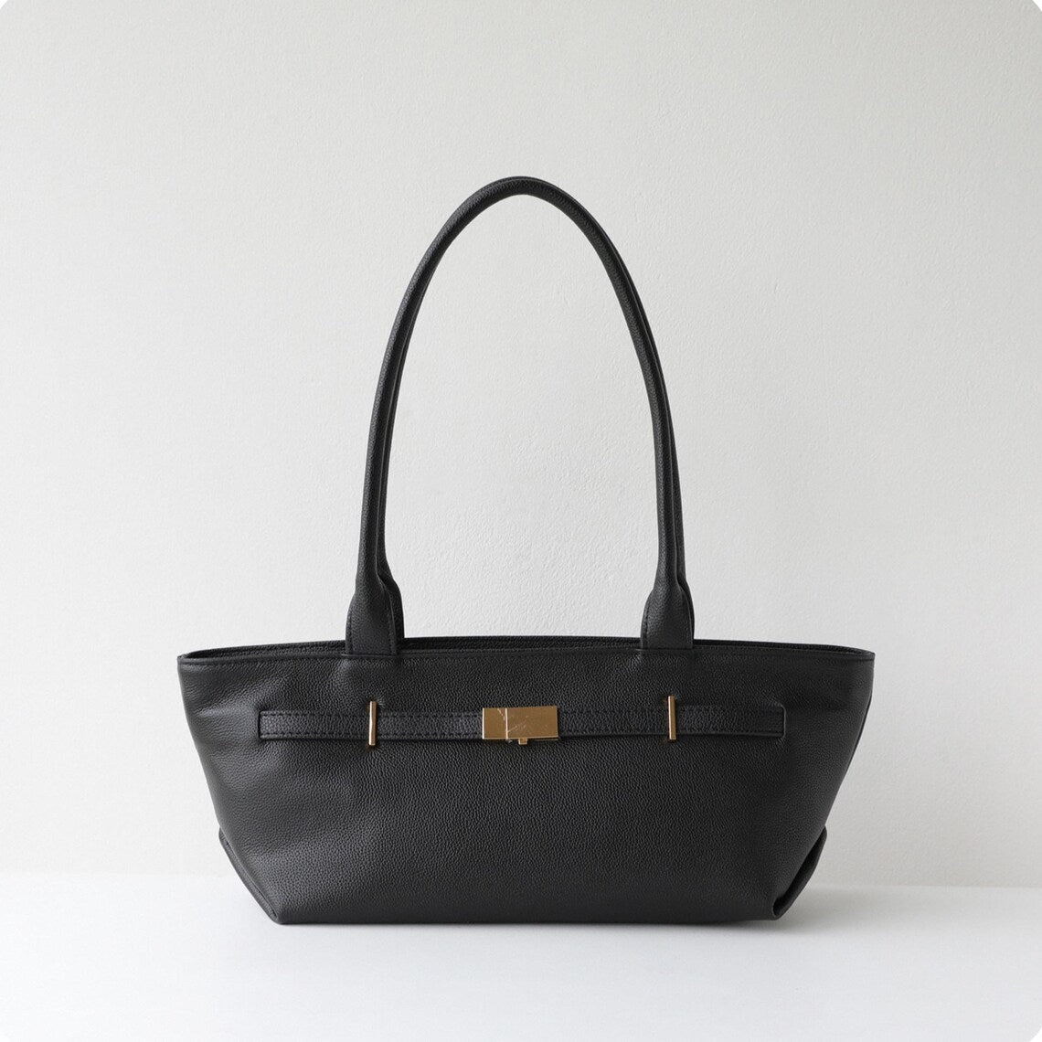 Black Cow Leather Gold Hardware Slim Underarm Shoulder Bag