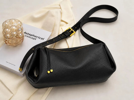 Black Pebbled Leather Minimal Pillow Shoulder Bag