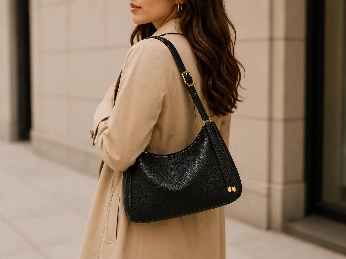 Black Pebbled Leather Minimal Pillow Shoulder Bag